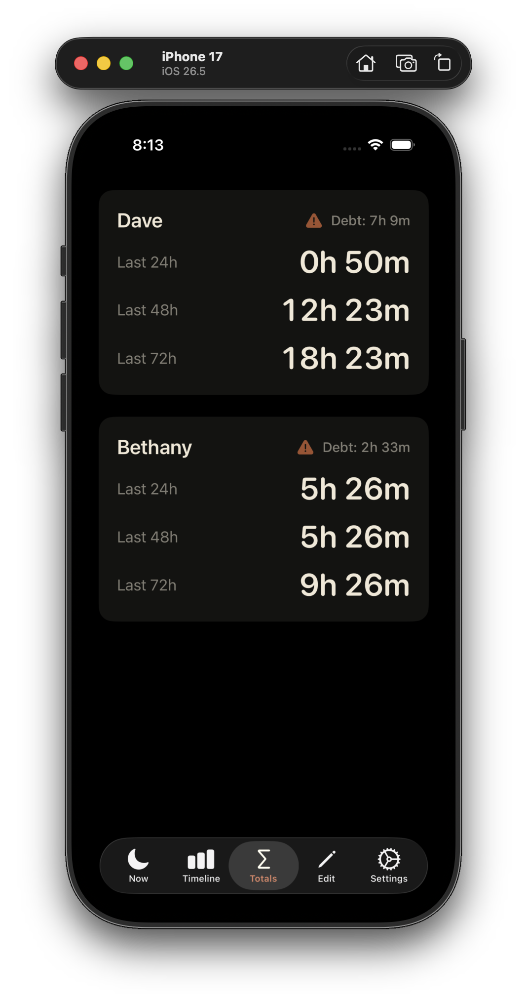 Totals tab